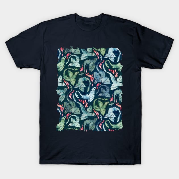 Dragon fire dark blue & green T-Shirt by adenaJ